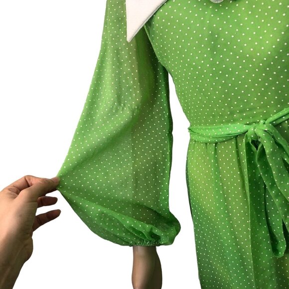 SOLD Vintage 1960s Lilli Diamond Lime Green White Polka Dot Balloon Sleeve Dress - Picture 4 of 13